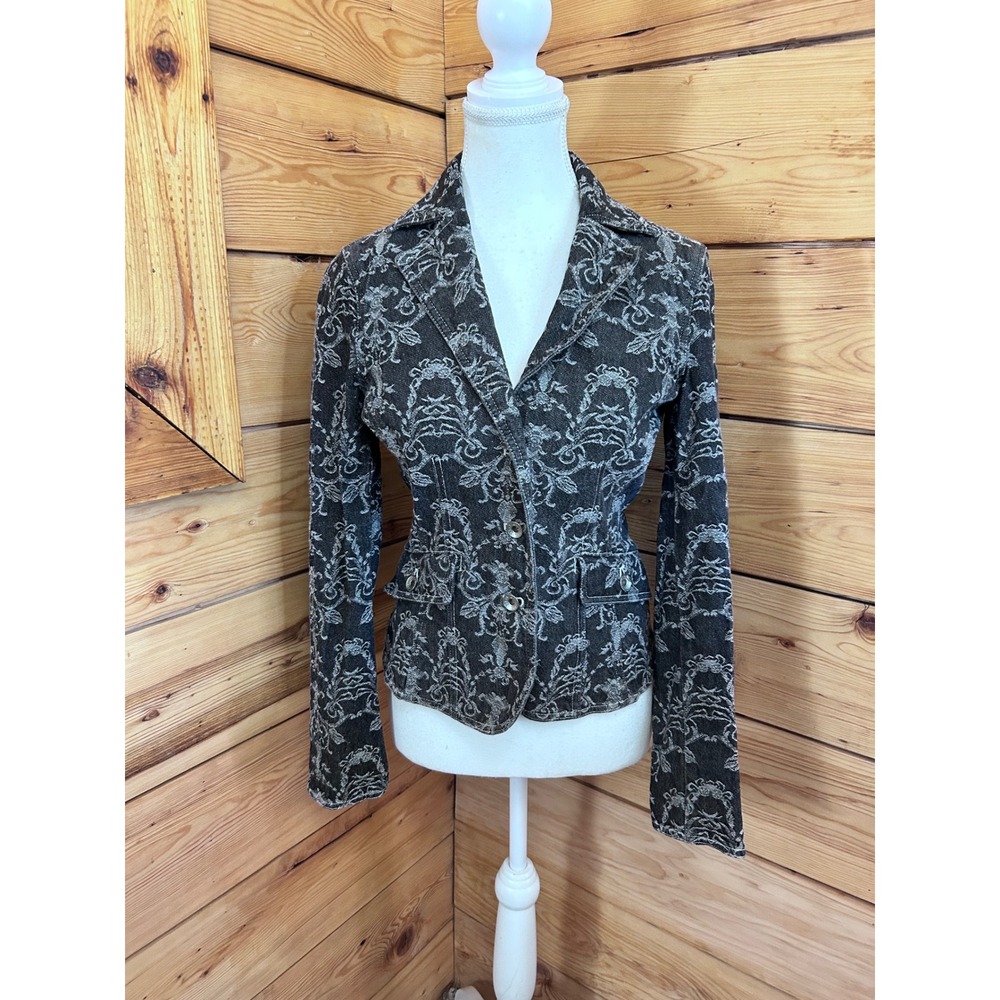 Axcess Liz Claiborne Womens Grey Damask Floral Denim Blazer Jacket‎ Size 6